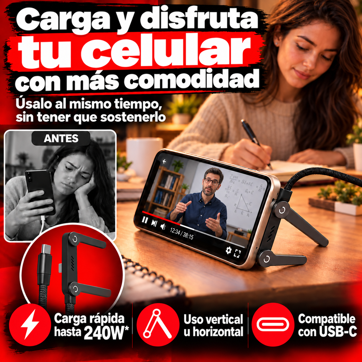 Cable Carga + Soporte Integrado | Carga, apoya y sigue usando tu celular ⚡📱