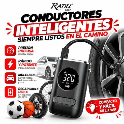 Bomba de inflado portátil inalámbrica - Infla cauchos de carro, moto, bici o balones